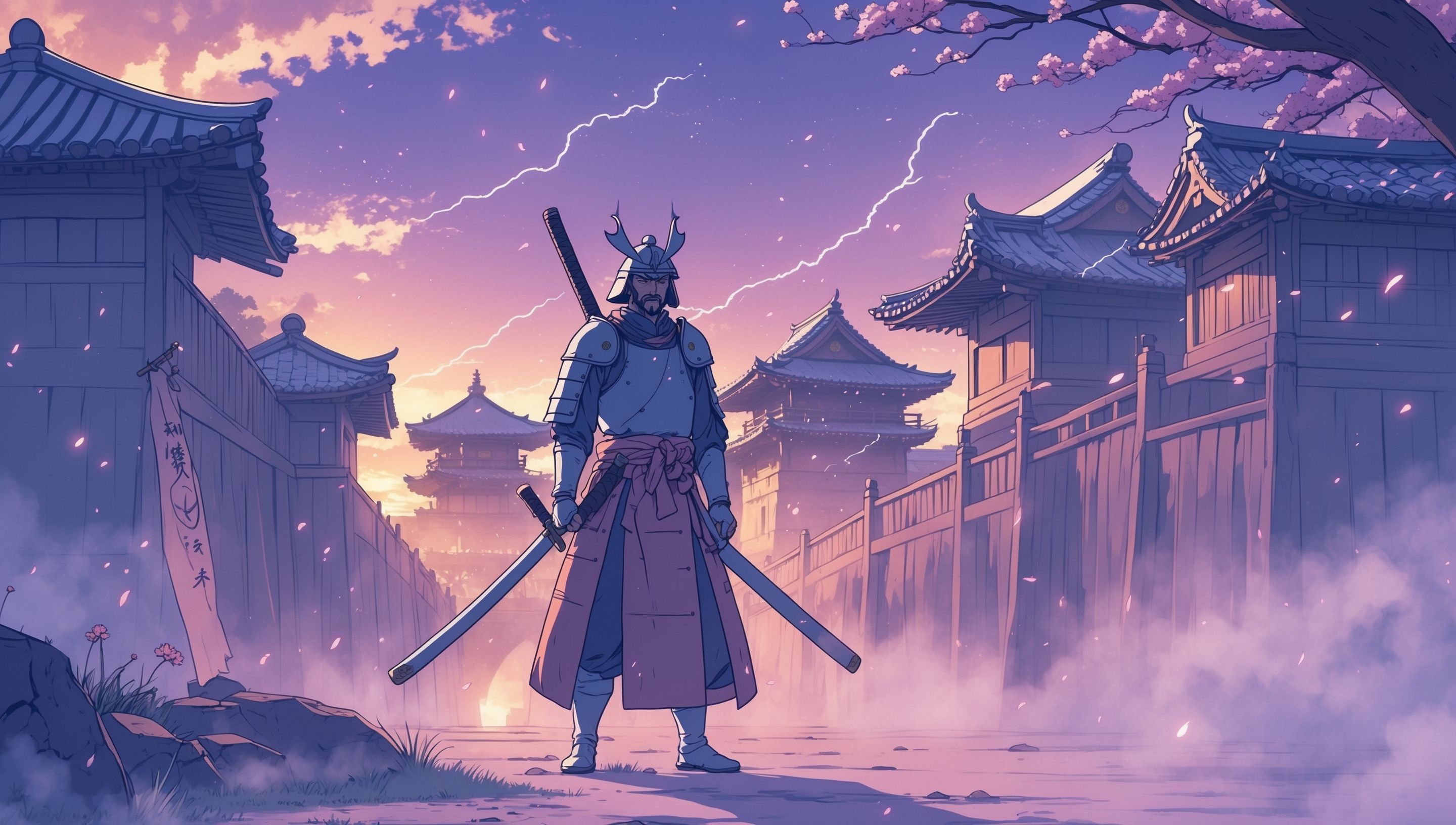 Illustration anime d'un chef militaire japonais observant un château et une ville fortifiée