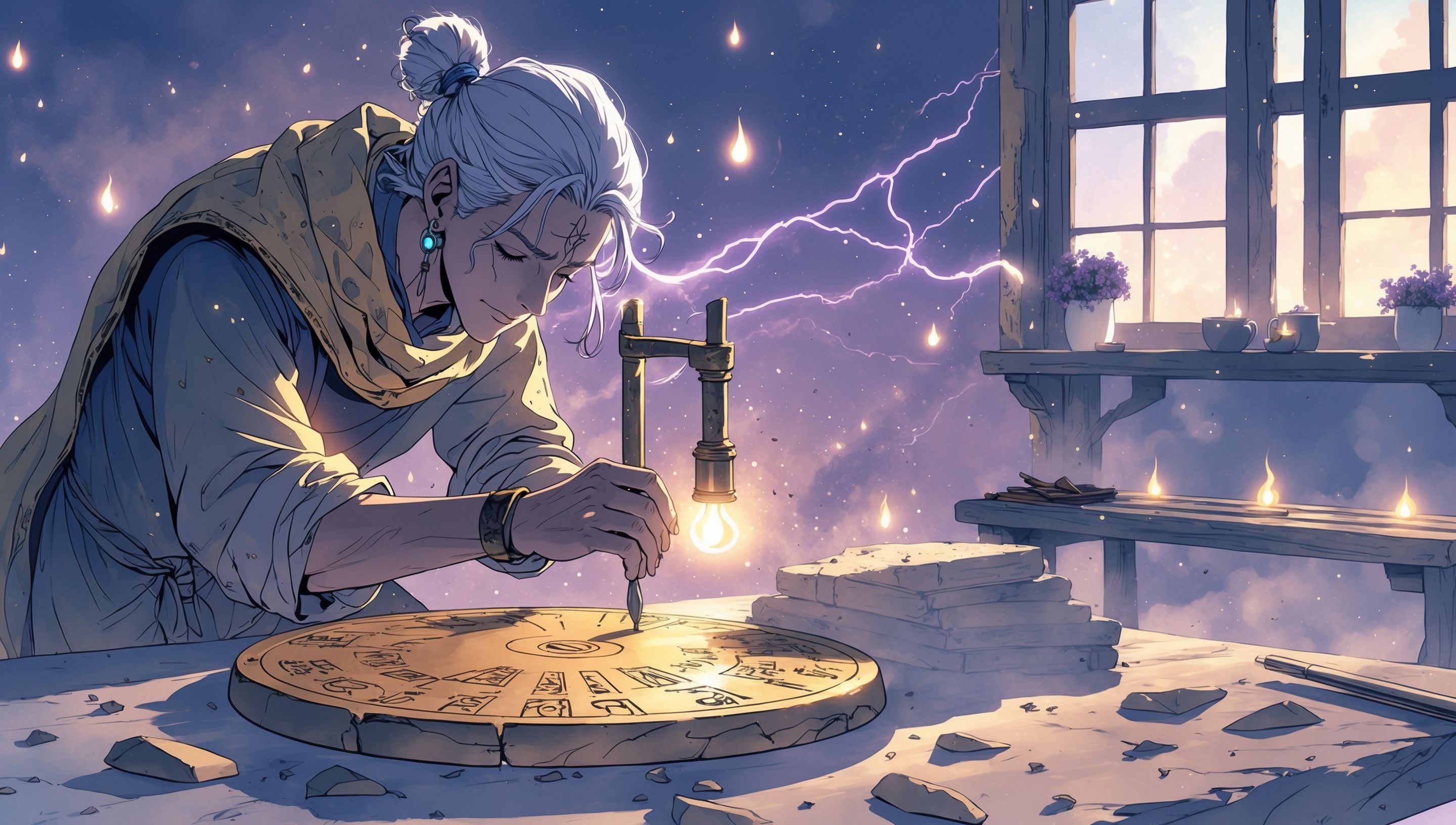Illustration anime d'un foyer celtique en plein air avec des flammes orangées sous un ciel d'automne brumeux