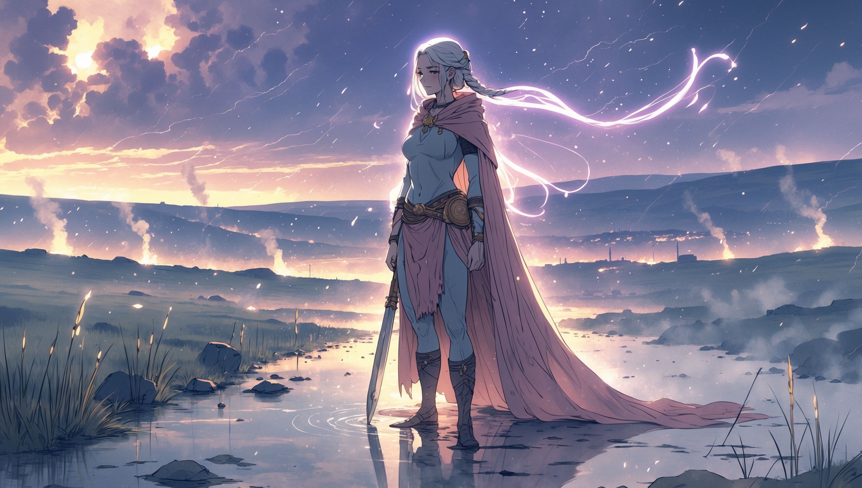 Illustration anime d'une reine celte sur un char, cheveux roux au vent, face à une ville en flammes sous la pluie