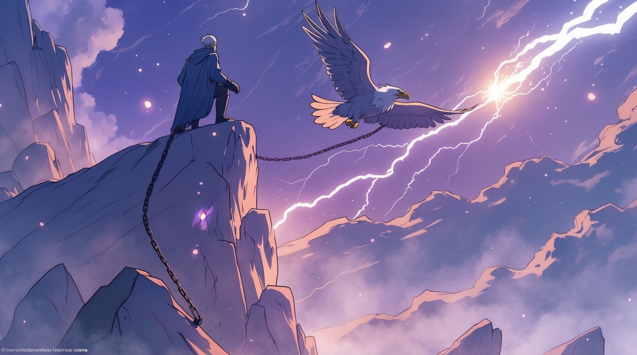 Illustration anime de Prométhée enchaîné et de Pandore ouvrant sa jarre mystérieuse