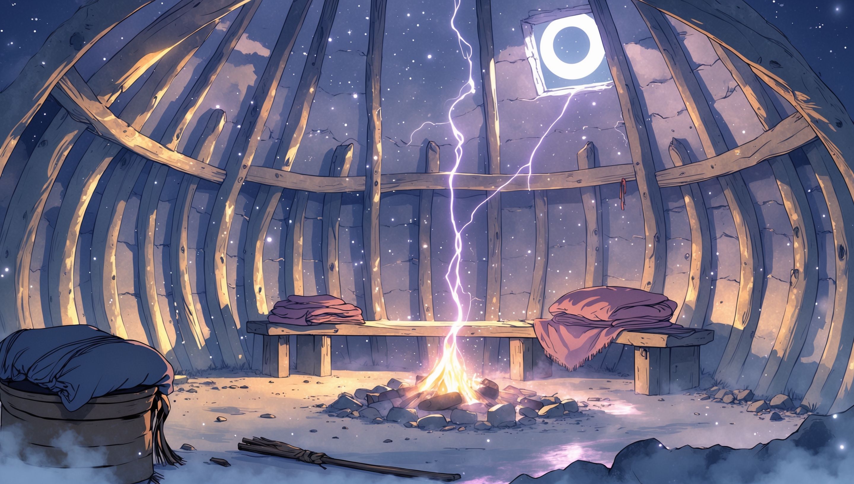 Illustration anime de l'intérieur d'une maison ronde celtique avec un foyer central et une famille réunie autour