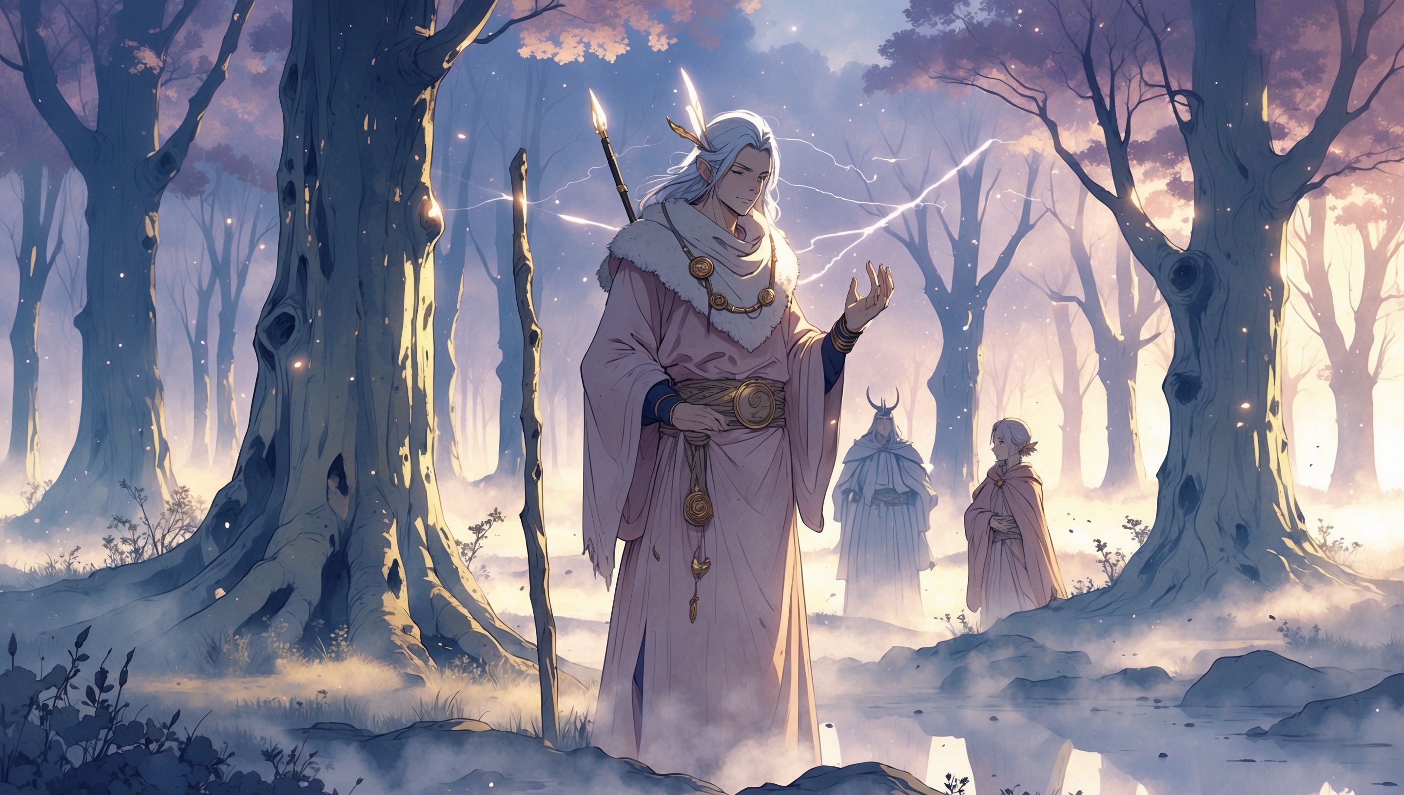 Illustration anime d'un druide en robe blanche dans une clairière forestière brumeuse, sous un chêne au tronc imposant