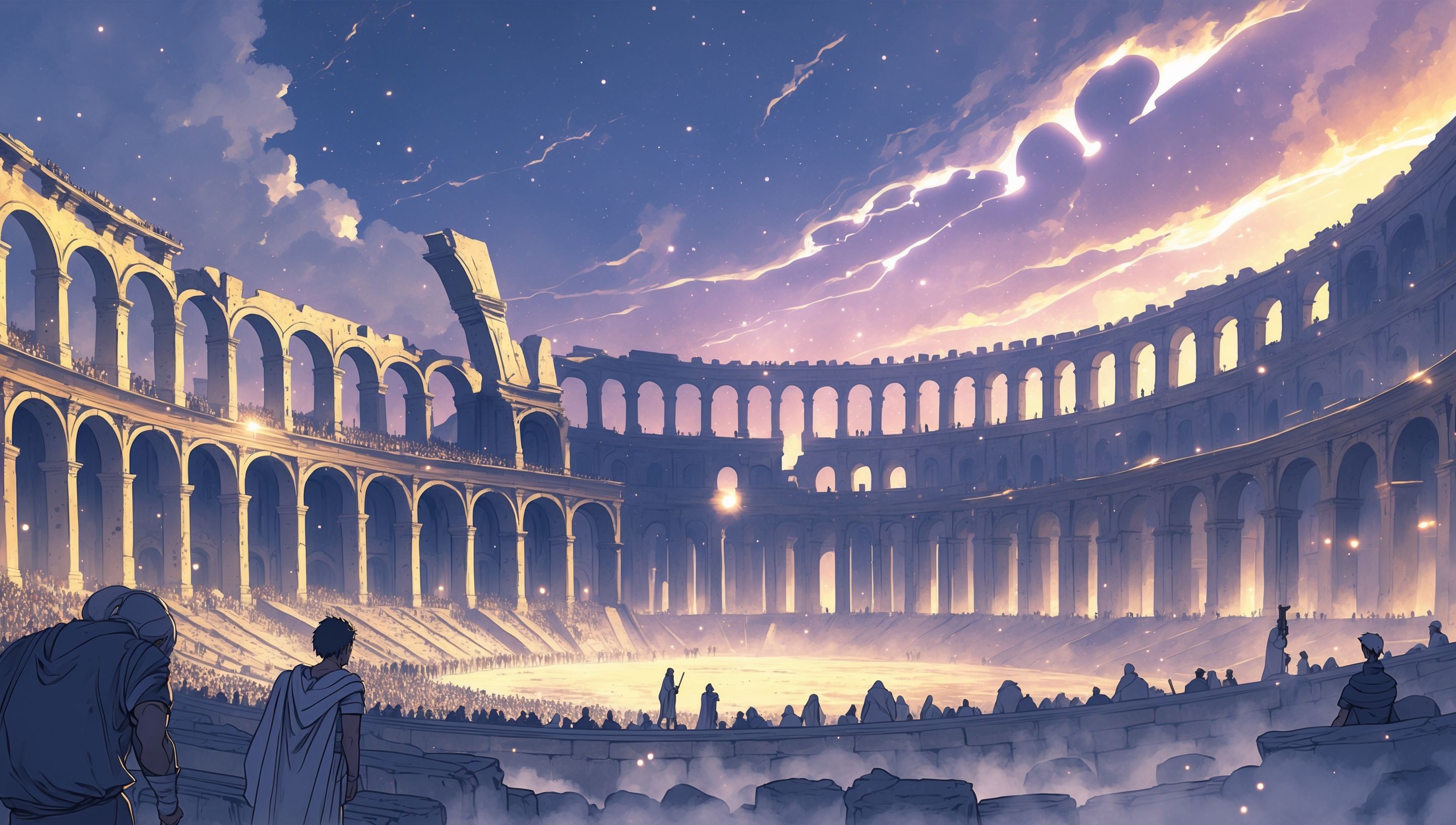 Illustration anime de gradins bondés du Colisée au crépuscule, velarium tendu au-dessus de l'arène