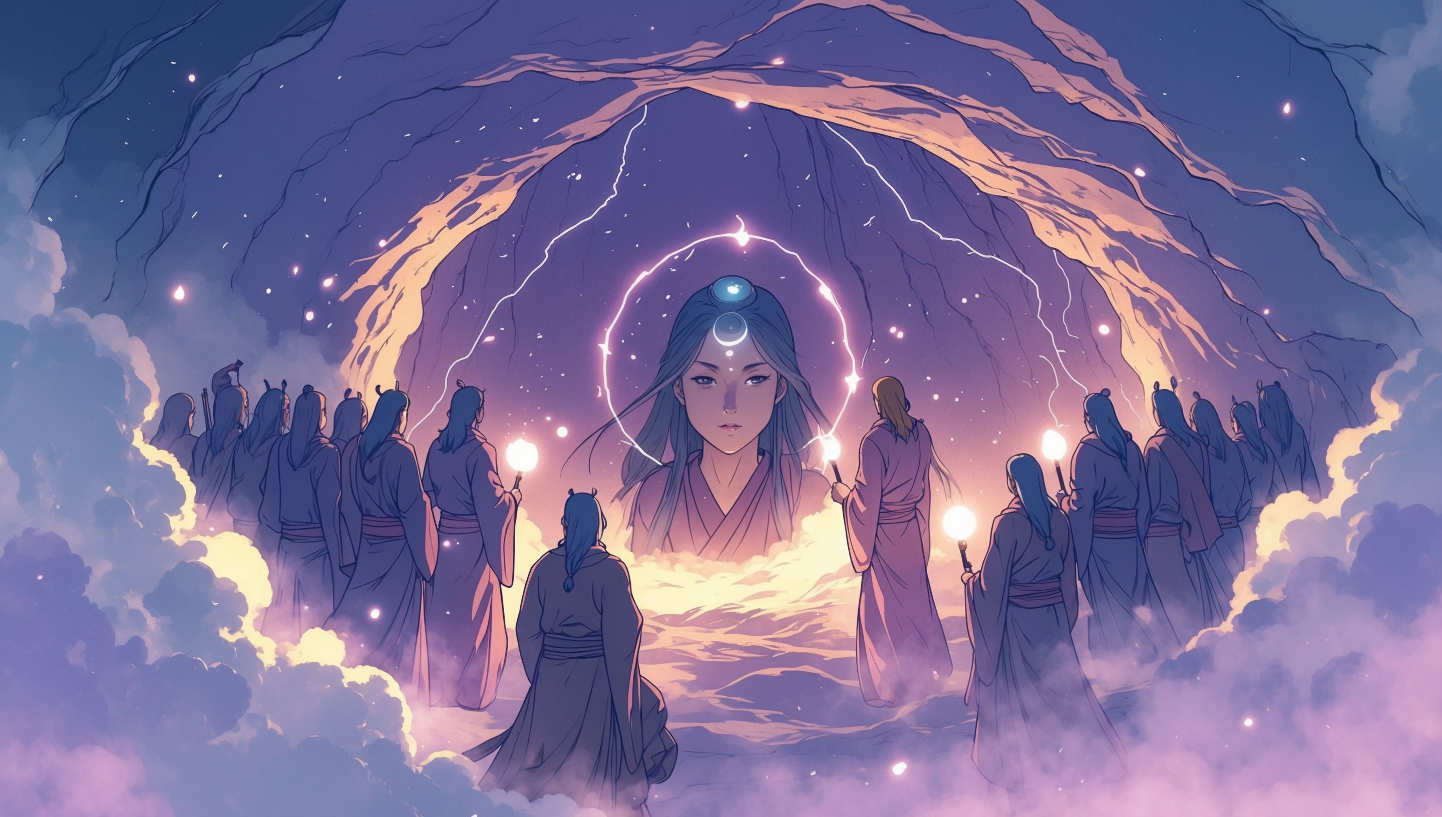 Illustration anime d'objets sacrés japonais dans une lumière de sanctuaire