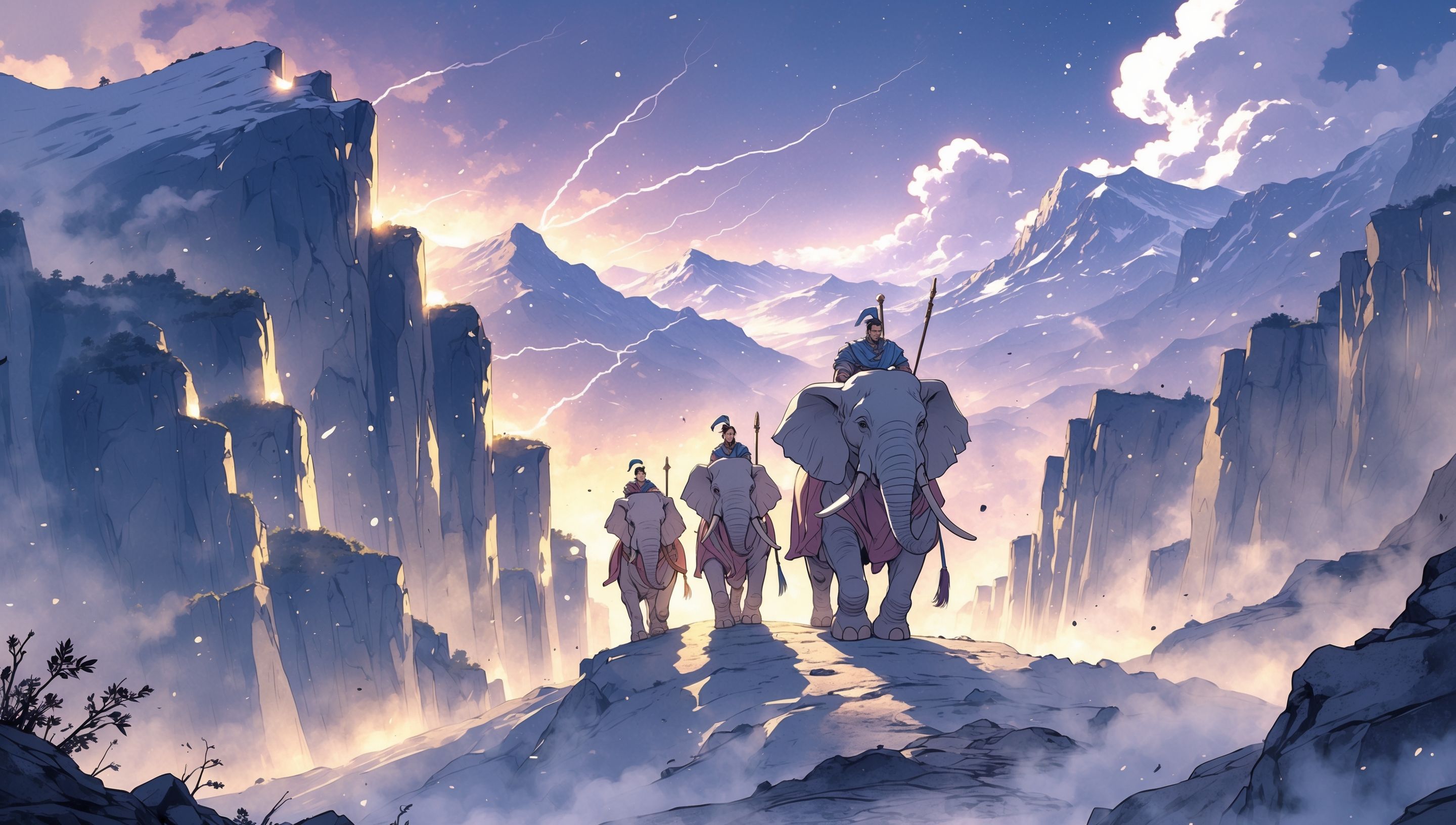 Illustration anime d'une armée antique traversant un col enneigé des Alpes avec des éléphants de guerre