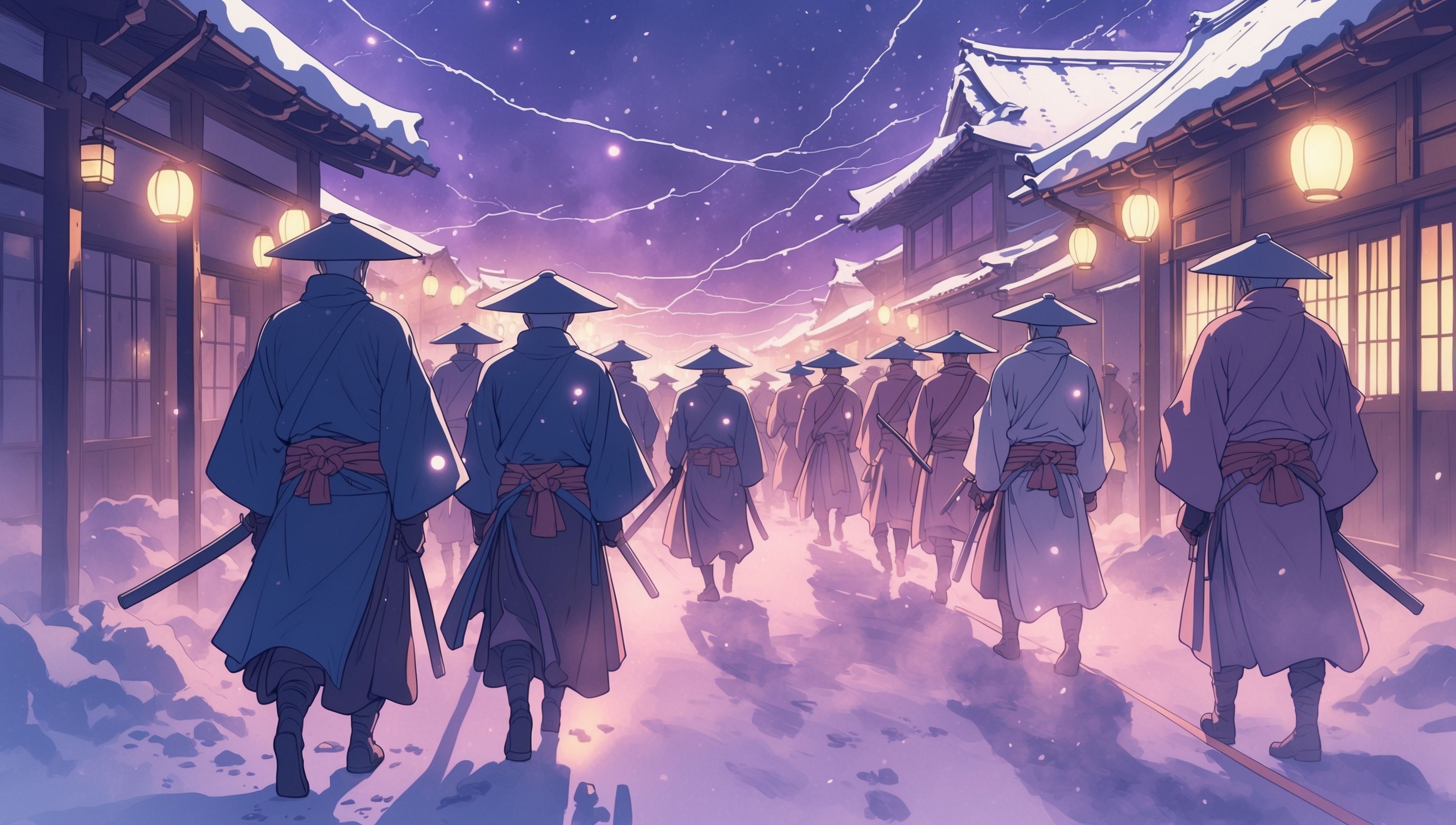 Illustration anime de samouraïs avançant sous la neige devant un sanctuaire