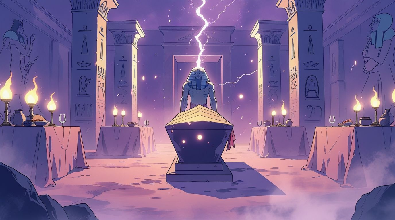 Illustration anime de divinités égyptiennes dans un temple mystique