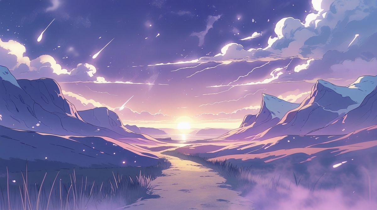 Illustration anime sombre d'un crépuscule apocalyptique avec des silhouettes de guerriers et de flammes