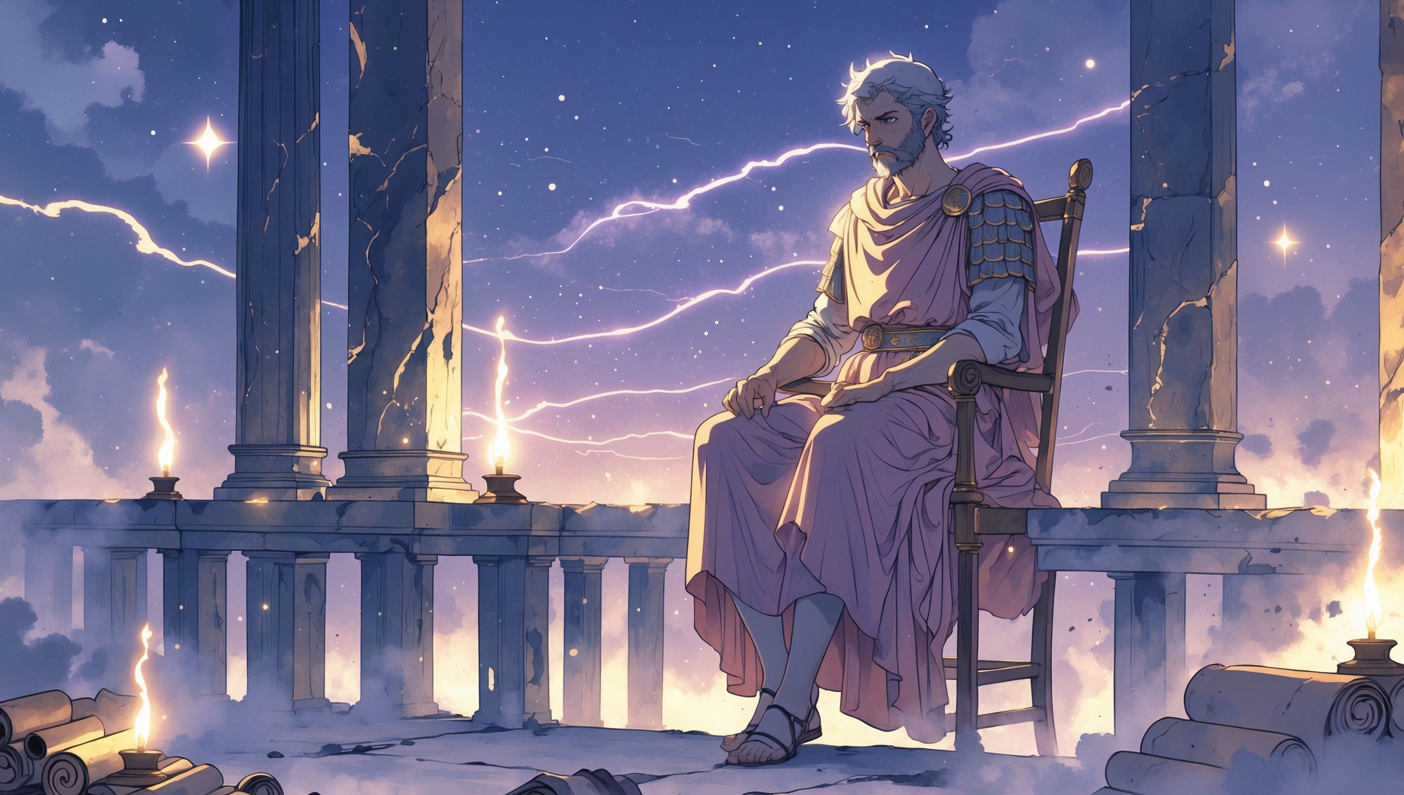 Illustration anime d'un homme âgé écrivant à la lumière d'une lampe à huile sous la tente, dans un camp militaire nocturne