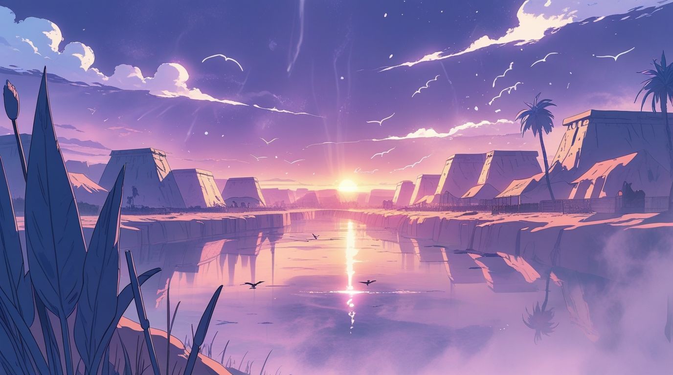 Voyageur anime contemplant le Nil et les temples égyptiens au crépuscule