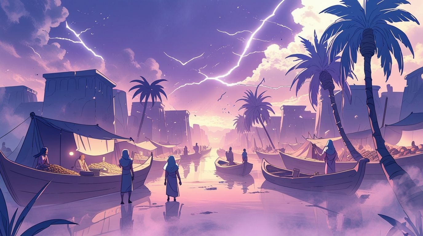 Illustration anime de la vie quotidienne au bord du Nil dans l'Égypte ancienne