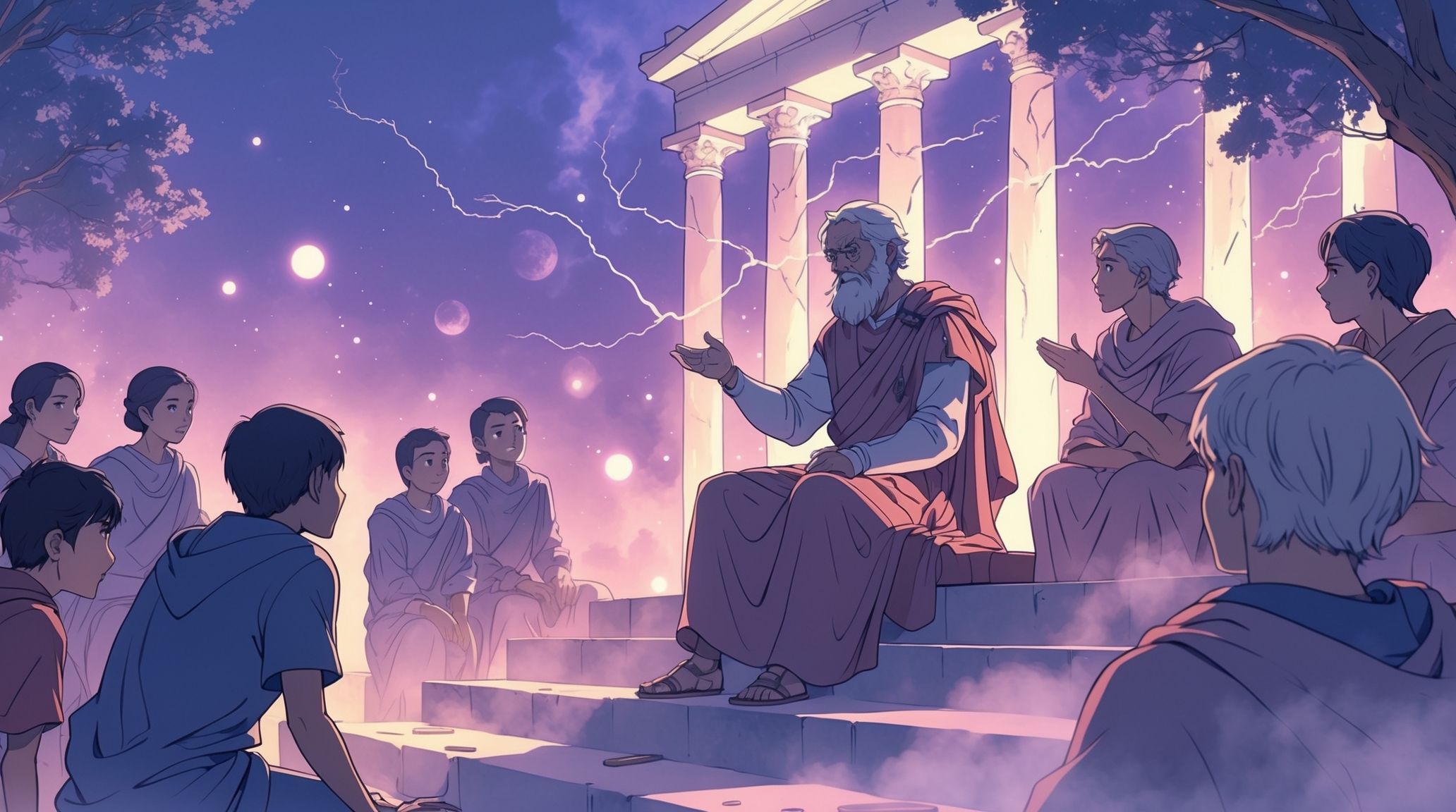 Portrait anime d'un philosophe grec âgé dans les rues d'Athènes