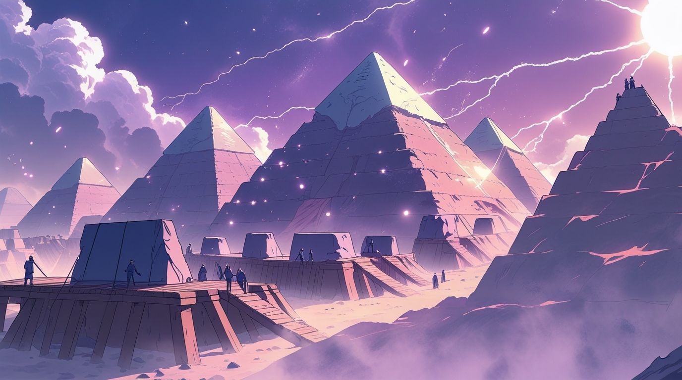 Illustration anime des pyramides de Gizeh sous un ciel étoilé