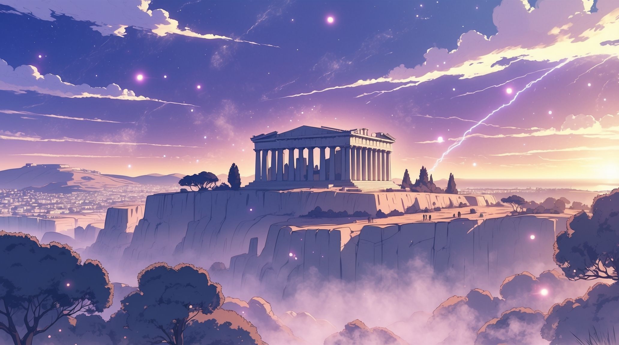 Vue anime de l'Acropole d'Athènes illuminée par un ciel crépusculaire