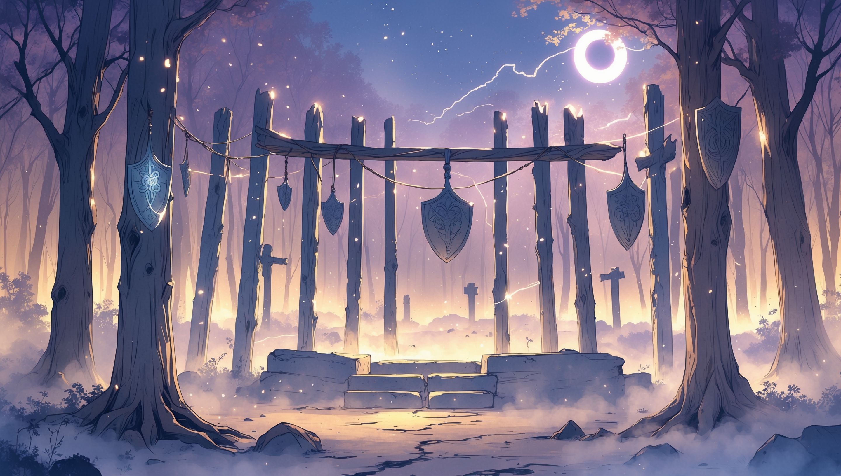 Illustration anime d'un carnyx de bronze à tête de sanglier dressé verticalement dans une clairière forestière au crépuscule