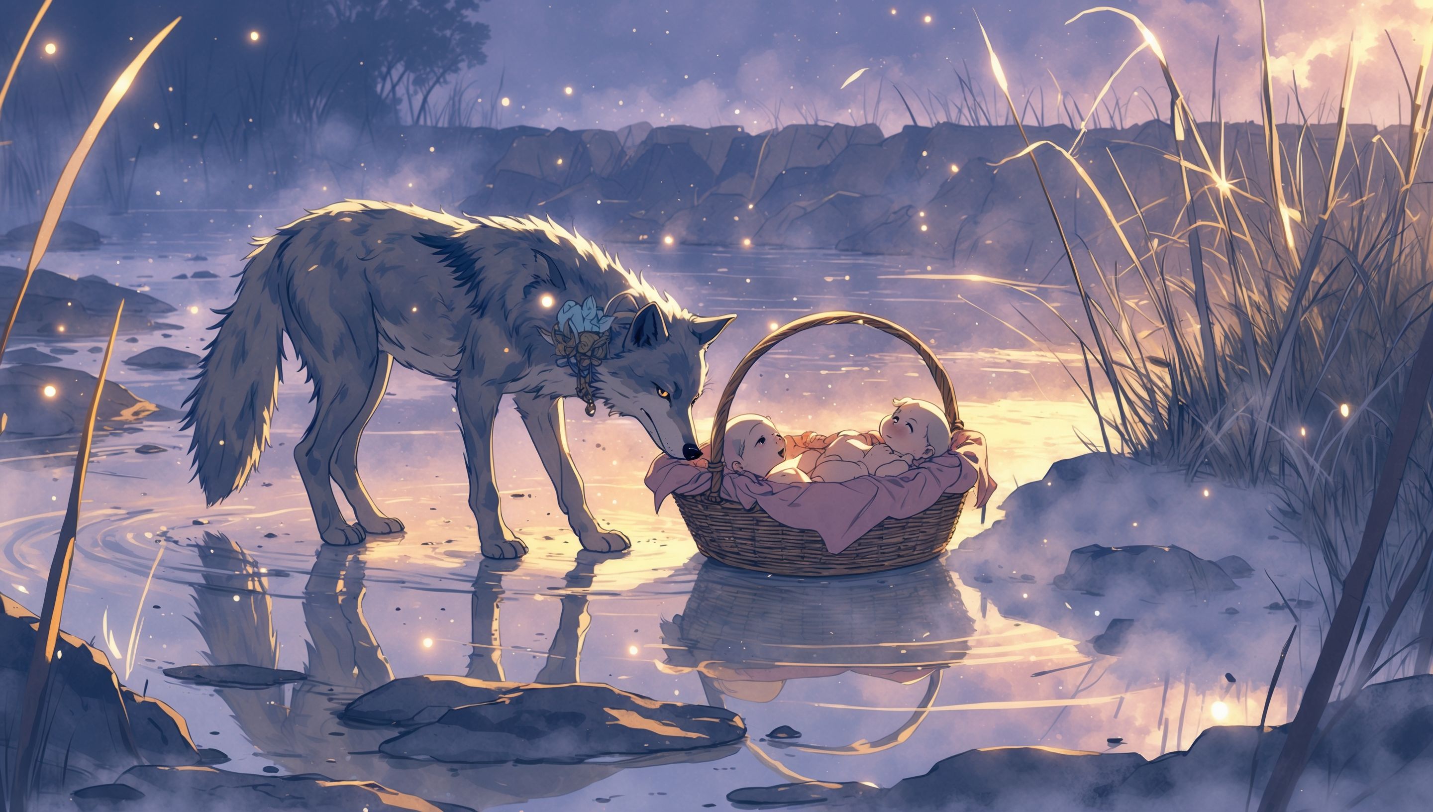 Illustration anime d'un matin brumeux sur le Tibre avec le mythe de la louve allaitant les jumeaux fondateurs