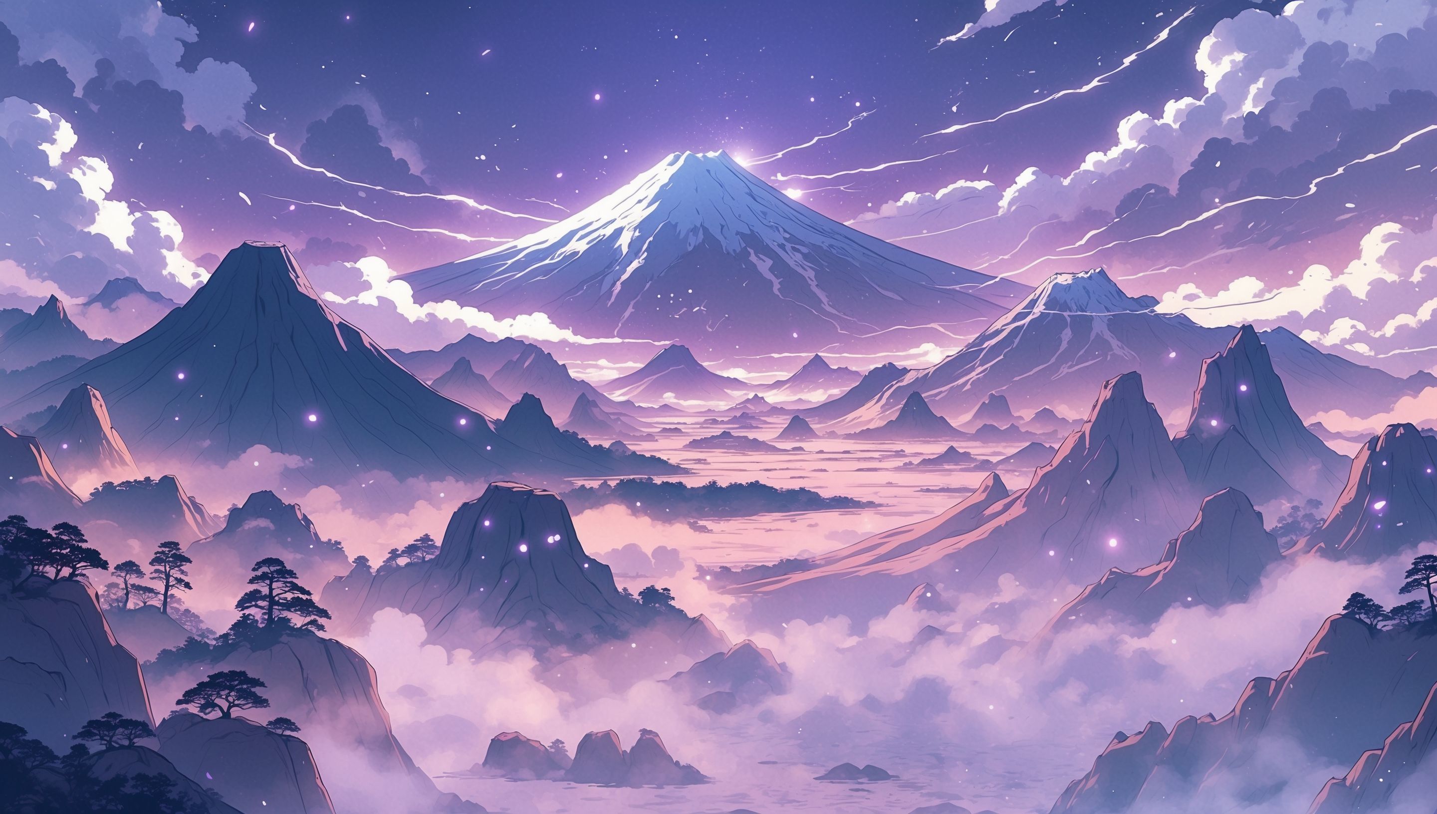 Illustration anime d'un paysage japonais ancien avec sanctuaire, forêt et montagnes embrumées
