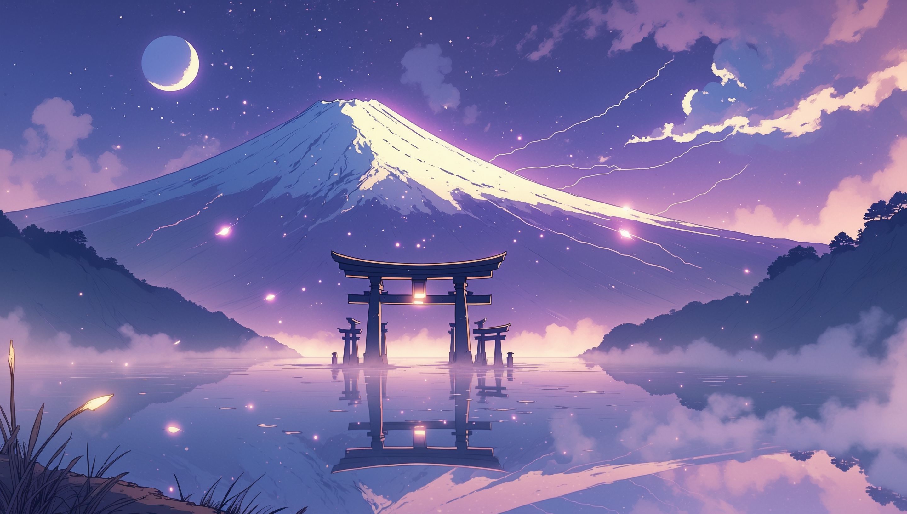 Collage anime de mythes, samouraïs et paysages japonais sous la lune