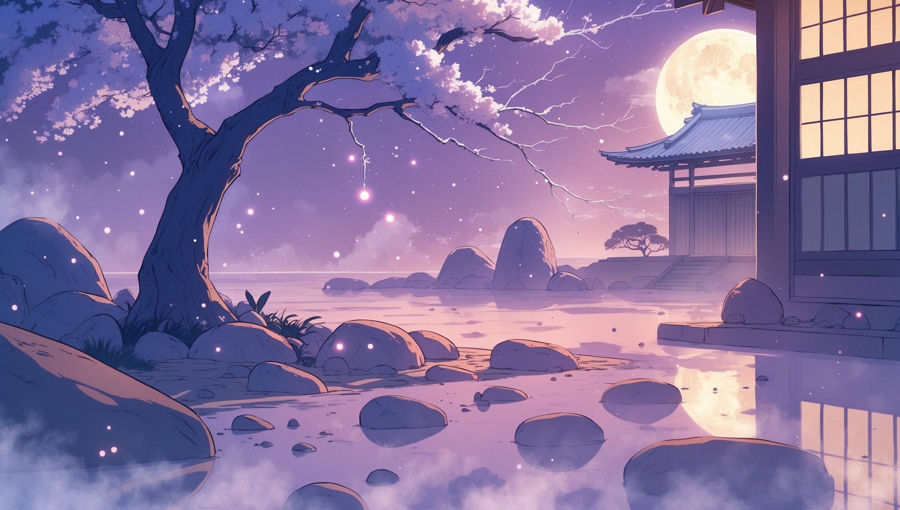 Illustration anime d'un intérieur japonais ancien avec bol de thé, bois clair et jardin en arrière-plan