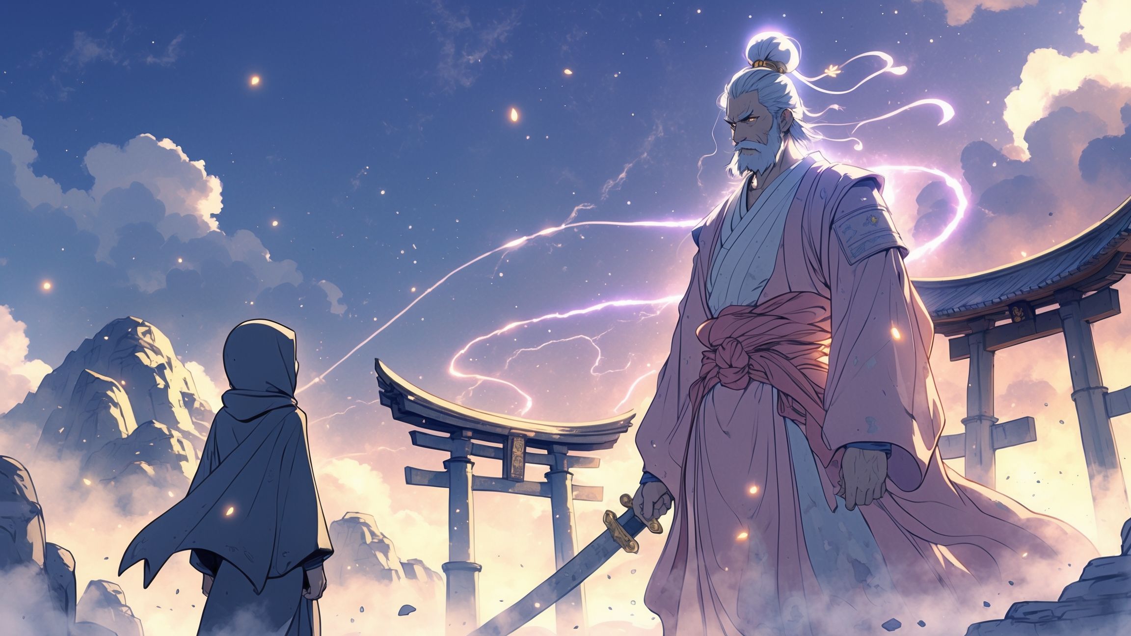 Illustration anime inspirée du Japon féodal, avec un torii rouge et des montagnes bleutées au crépuscule