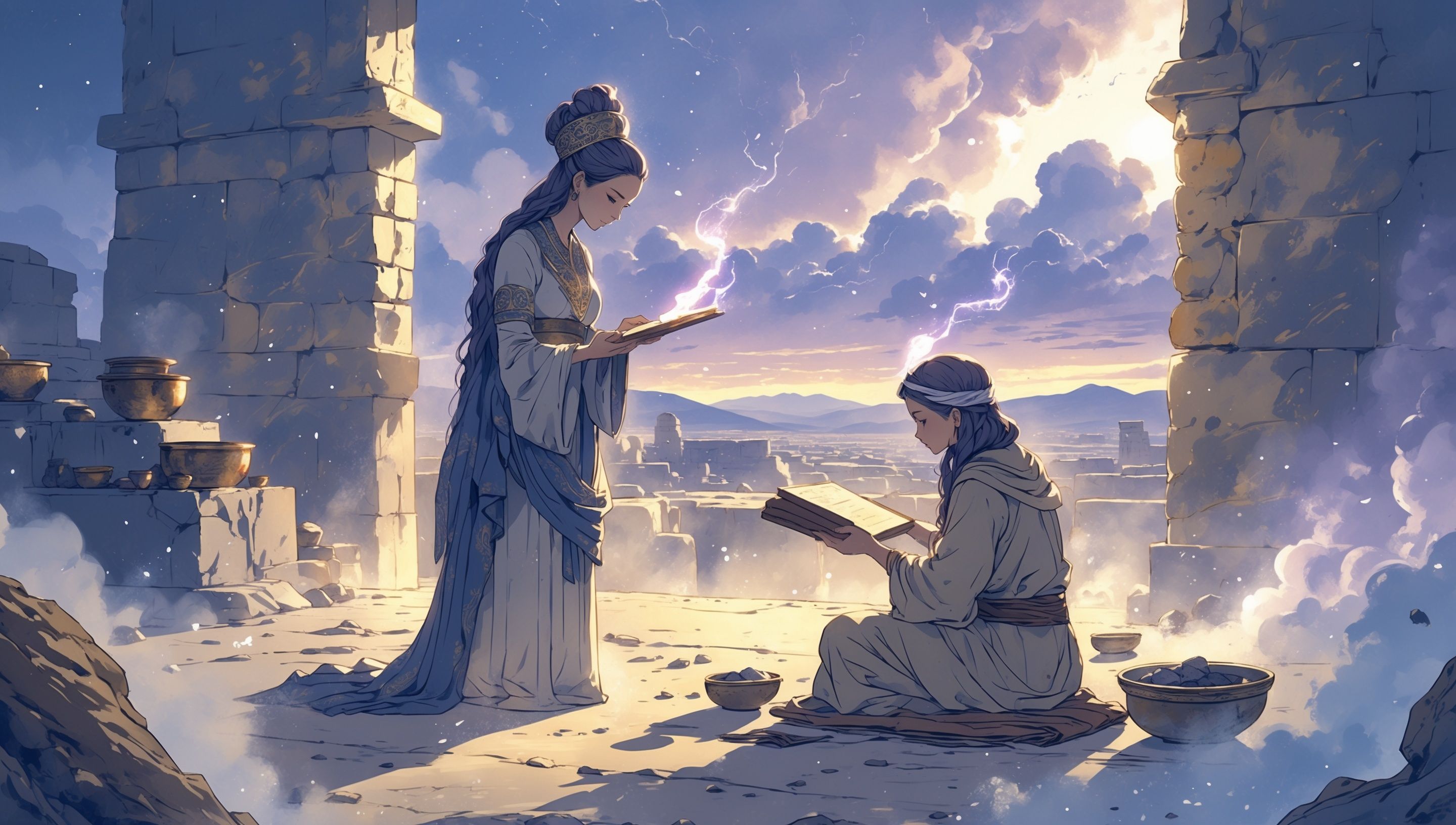 Illustration nocturne de Sargon d'Akkad près de l'Euphrate et d'un panier de roseaux