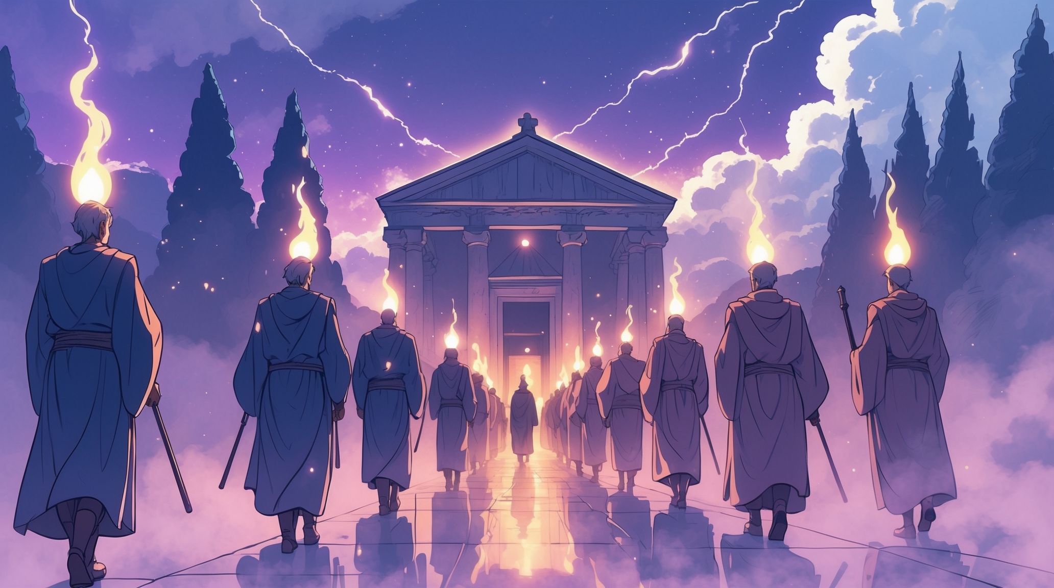 Illustration anime du temple d'Apollon à Delphes dans la brume montagneuse