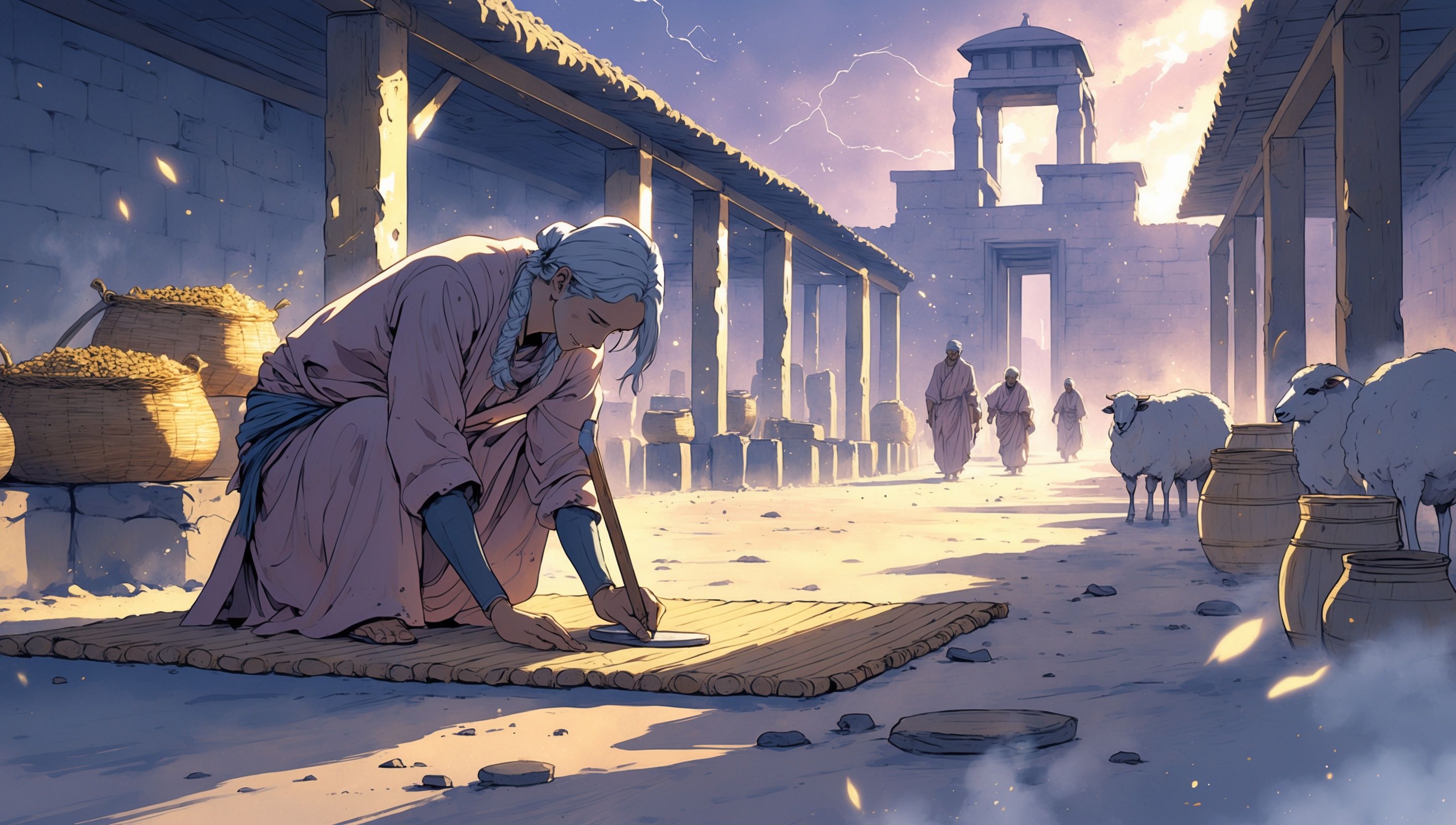 Illustration nocturne d'Uruk avec un scribe, des tablettes d'argile et des bâtiments en briques