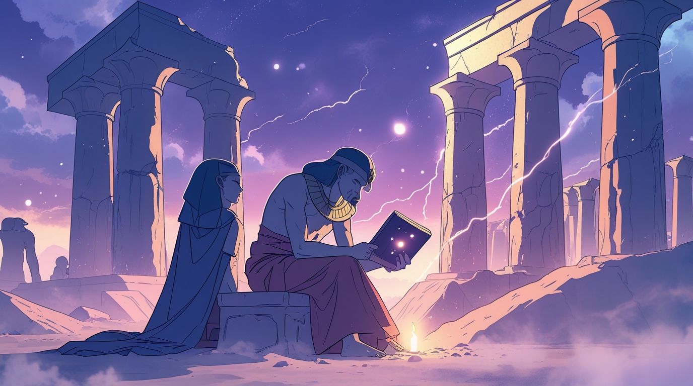 Illustration anime d'un érudit étudiant des hiéroglyphes à la lueur d'une bougie