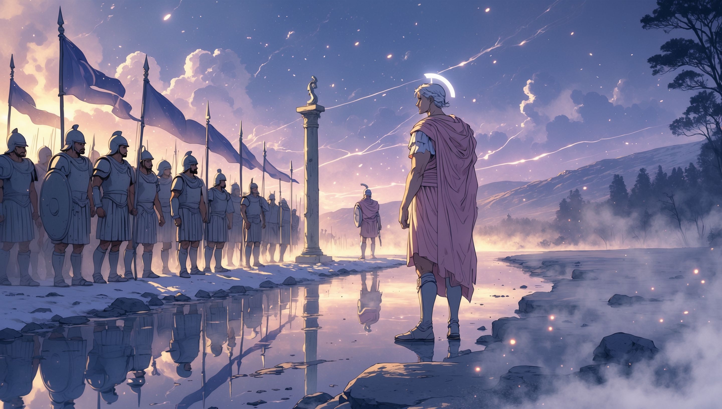 Illustration anime d'un général romain franchissant un petit fleuve à la tombée du jour, ses légionnaires en arrière-plan