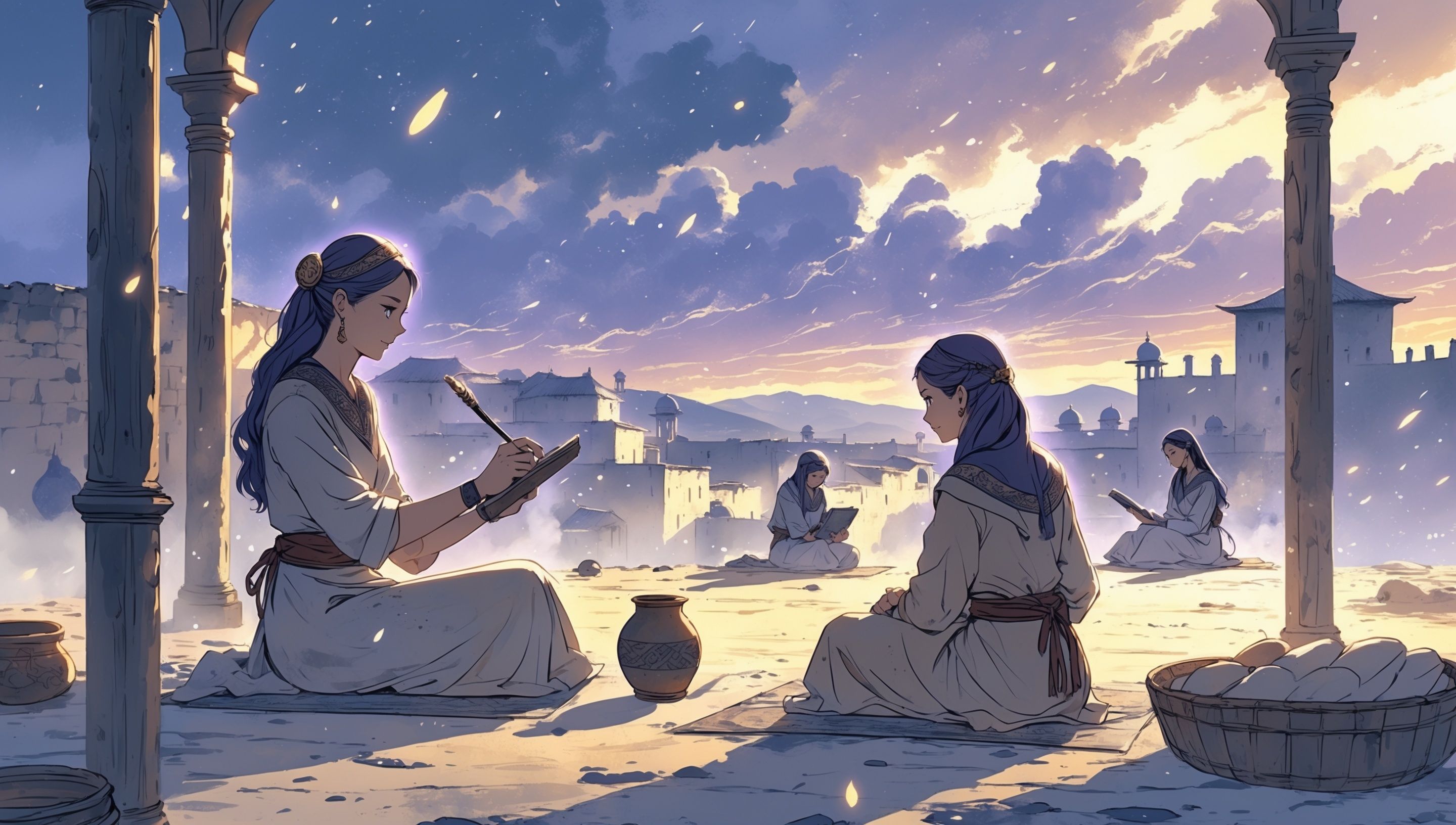 Illustration d'Enheduanna dans un temple mésopotamien, près d'une tablette d'argile