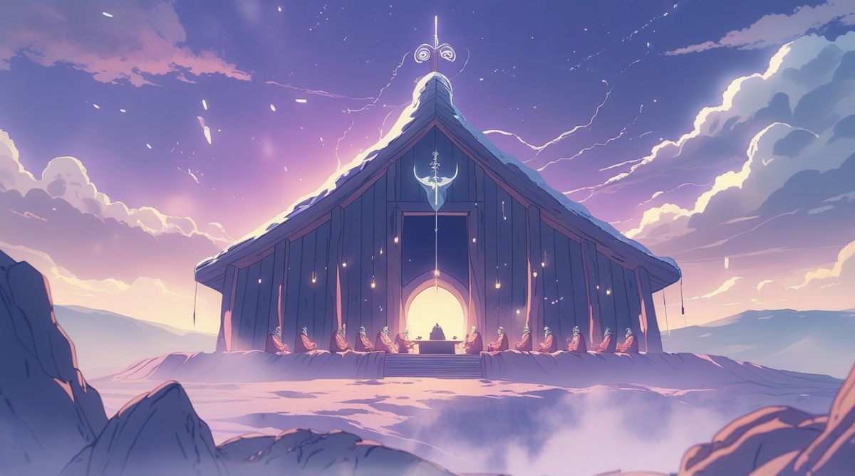 Illustration anime de l'intérieur d'un longhouse viking avec un foyer central et des familles