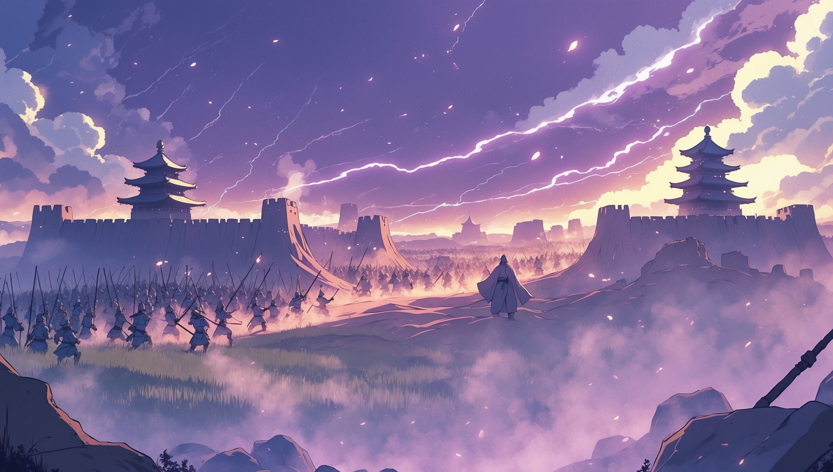Illustration anime d'un seigneur japonais du XVIᵉ siècle devant un château au coucher du soleil