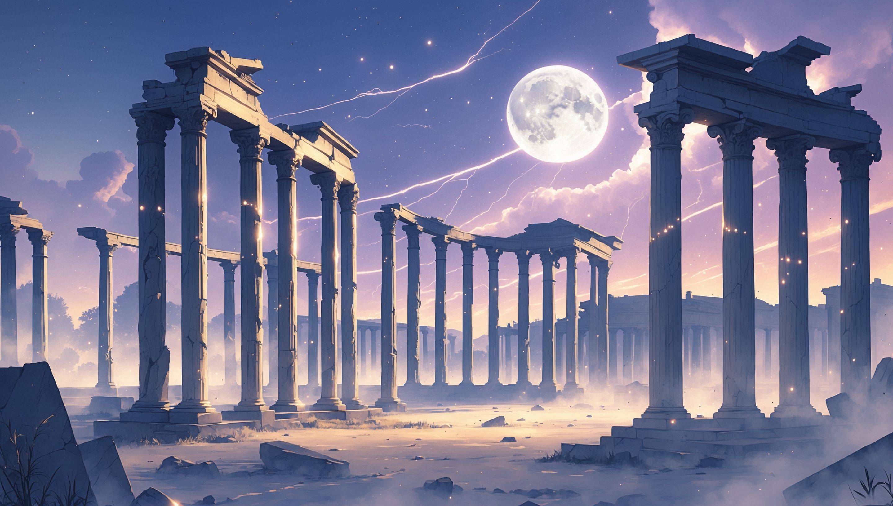 Illustration anime de ruines romaines sous une lune pâle, arches brisées et colonnes usées dans la nuit